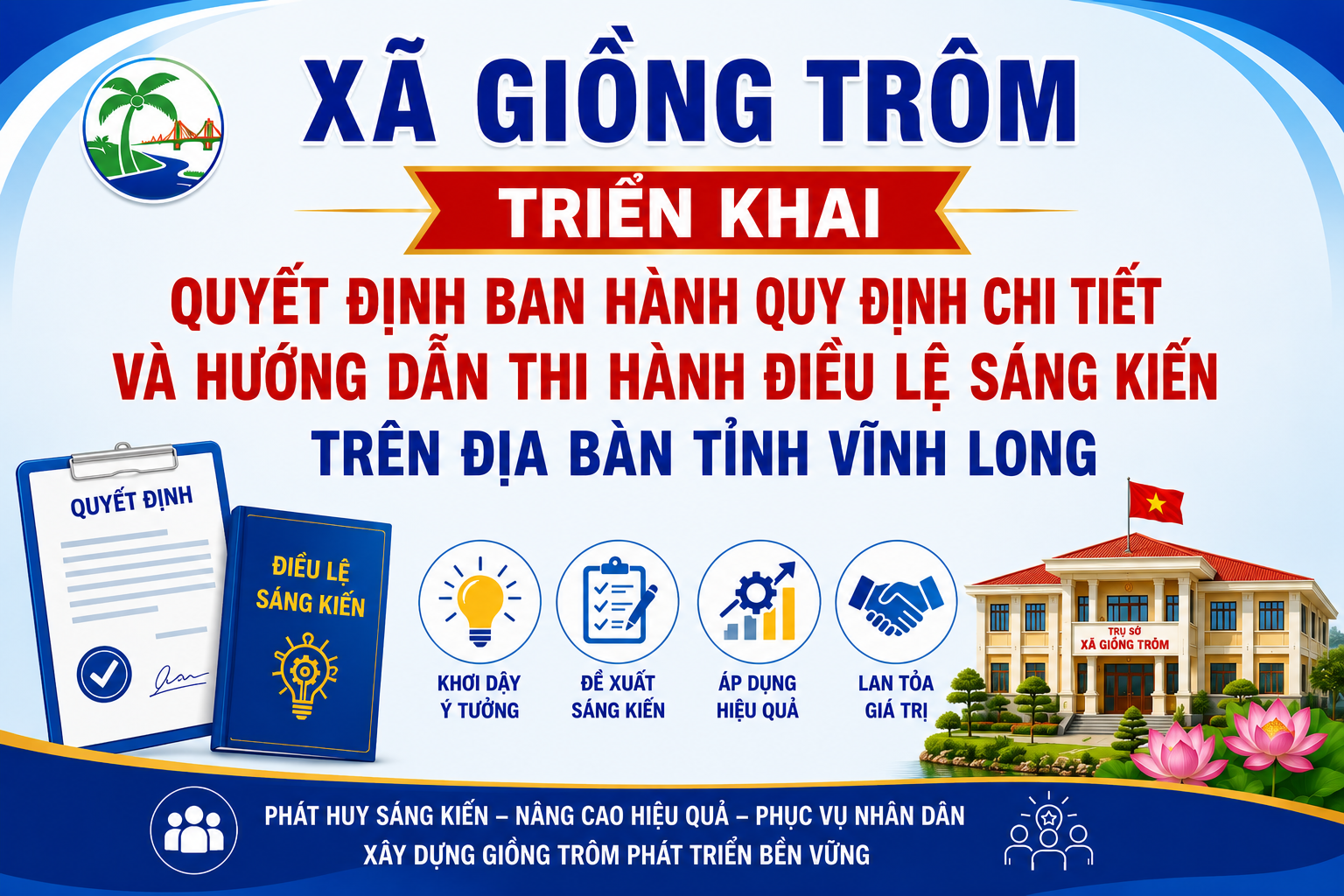 Xã Giồng Trôm triển khai Quyết định
Ban hành Quy định chi tiết
và hướng dẫn thi hành Điều lệ
Sáng kiến trên địa bàn tỉnh Vĩnh Long
