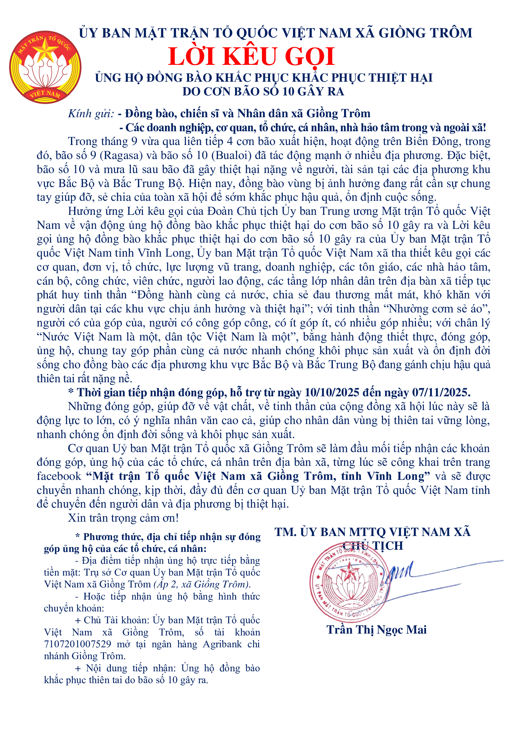 ỦY BAN MẶT TRẬN TỔ QUỐC VIỆT NAM XÃ GIỒNG TRÔM
LỜI KÊU GỌI
ỦNG HỘ ĐỒNG BÀO KHẮC PHỤC KHẮC PHỤC THIỆT HẠI
DO CƠN BÃO SỐ 10 GÂY RA

