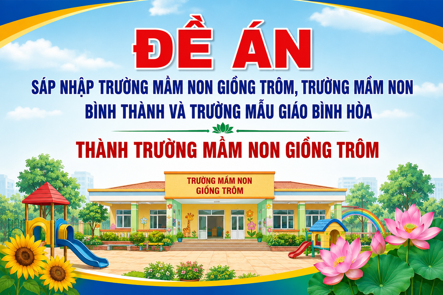 ĐỀ ÁN
SÁP NHẬP TRƯỜNG MẦM NON GIỒNG TRÔM, TRƯỜNG MẦM NON
BÌNH THÀNH VÀ TRƯỜNG MẪU GIÁO BÌNH HÒA
THÀNH TRƯỜNG MẦM NON GIỒNG TRÔM