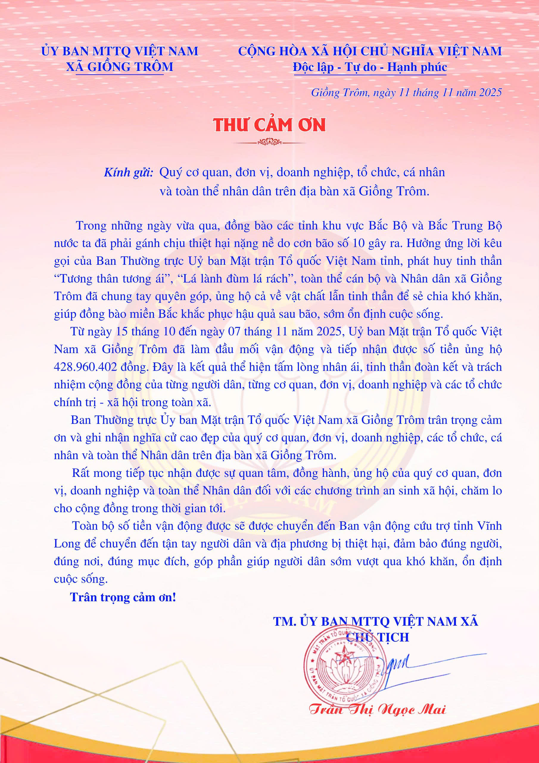 Thư cảm ơn toàn thể cán bộ và Nhân dân xã Giồng Trôm đã chung tay quyên góp, ủng hộ cả về vật chất lẫn tinh thần để sẻ chia khó khăn, giúp đồng bào miền Bắc khắc phục hậu quả sau bão, sớm ổn định cuộc sống.